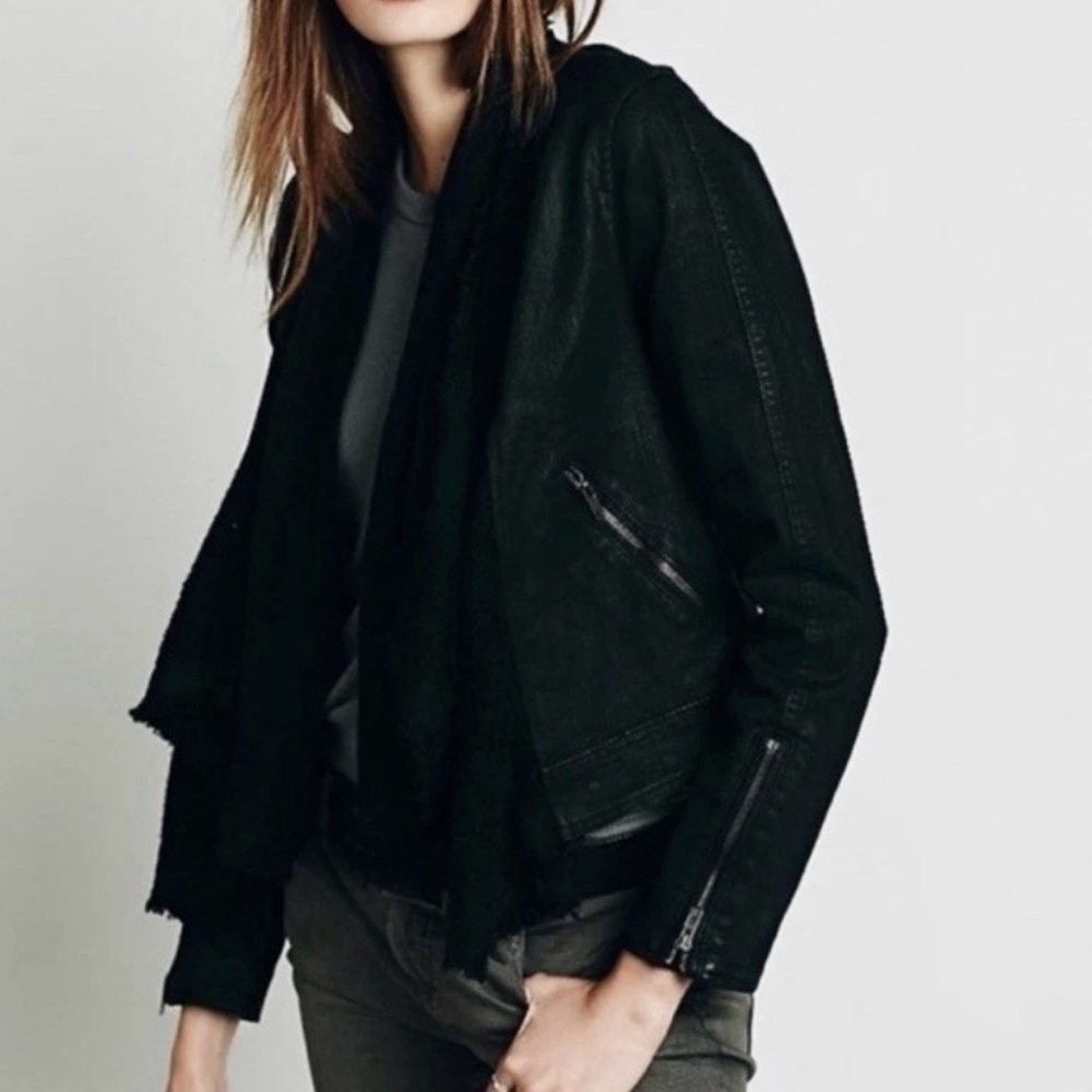 Free People Biker Denim Jacket Scarf Collar Size 6 8 Charcoal Black